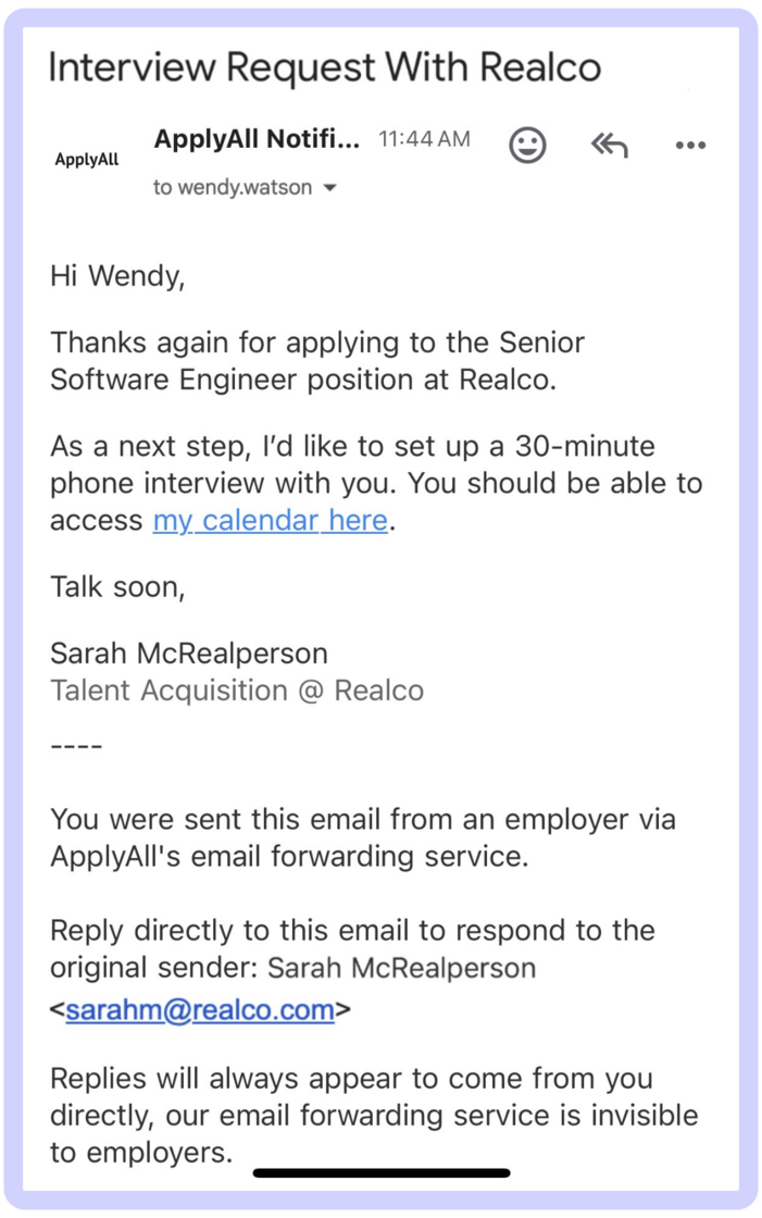 A verification-code email forwarded through an ApplyAll professional address