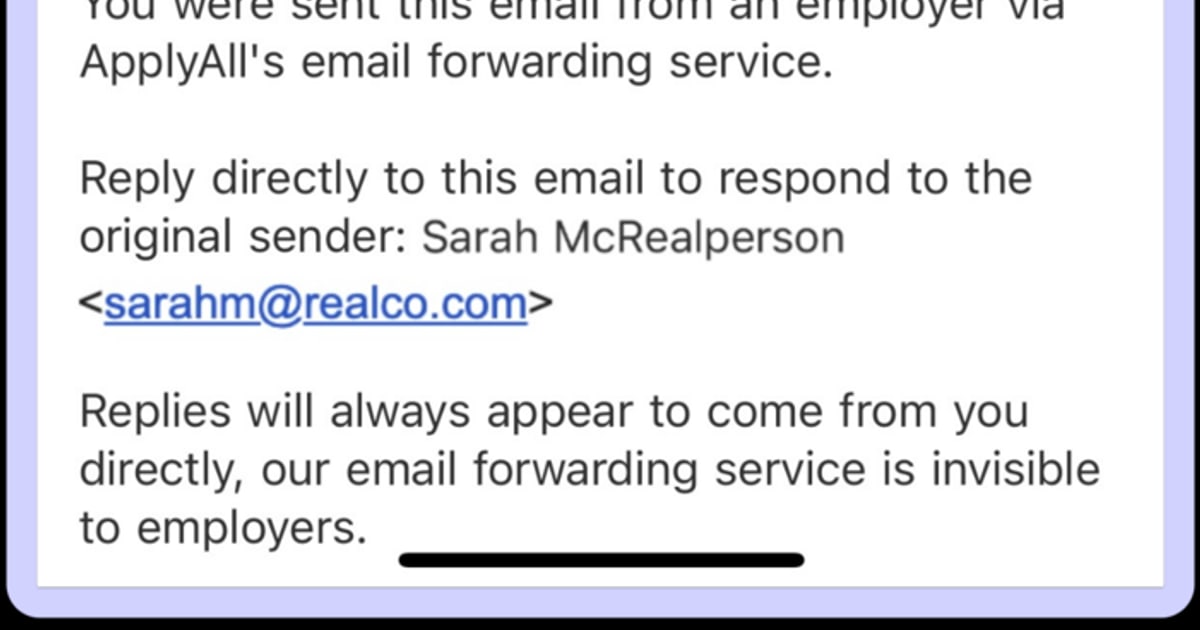 A job-application verification email handled by ApplyAll forwarding