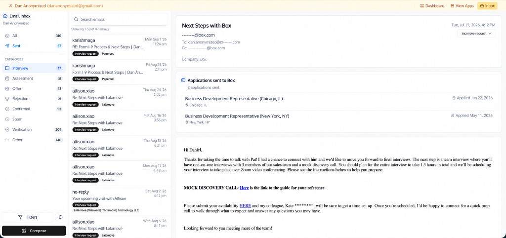 The ApplyAll in-app inbox, with recruiter messages categorized and applications listed beside each email