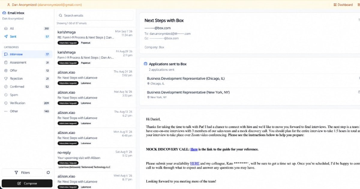The ApplyAll in-app inbox with recruiter messages organized beside related applications