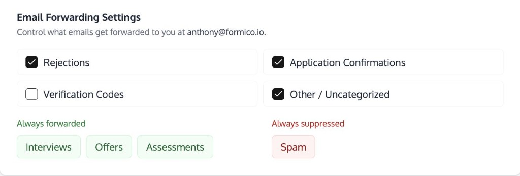 Email forwarding settings with Rejections category checked