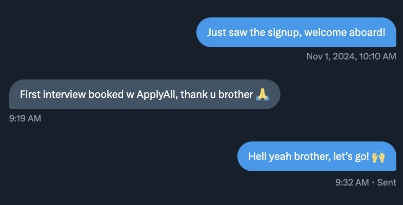 A customer review about getting a first interview one week after signing up