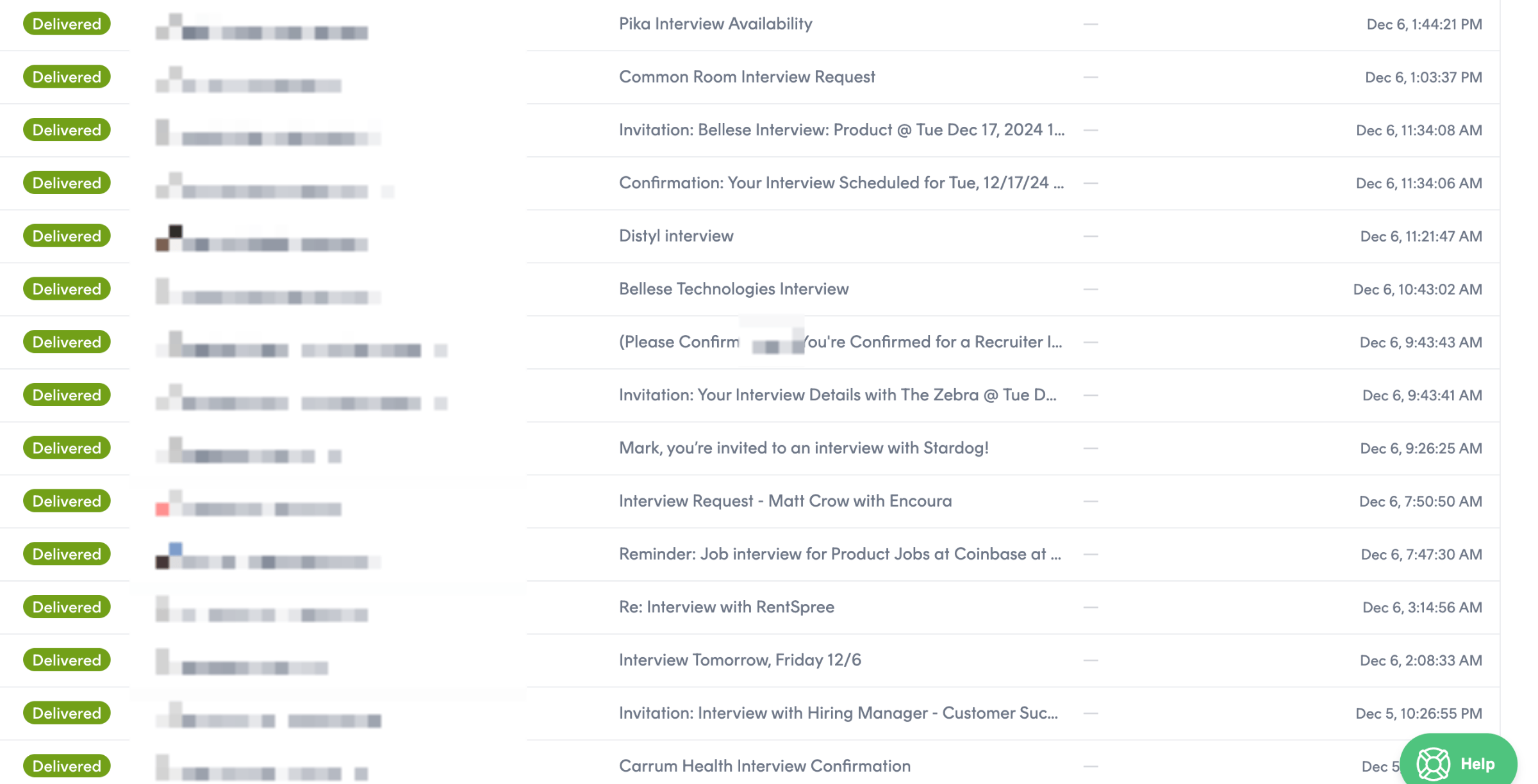 A stream of interview-request emails forwarded through ApplyAll