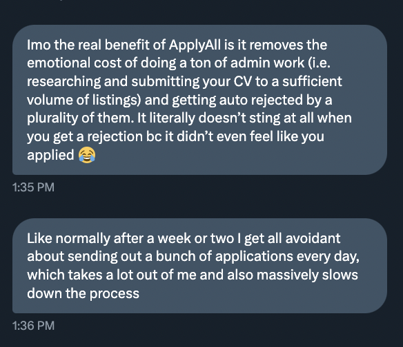 A customer message about ApplyAll saving time and mental energy