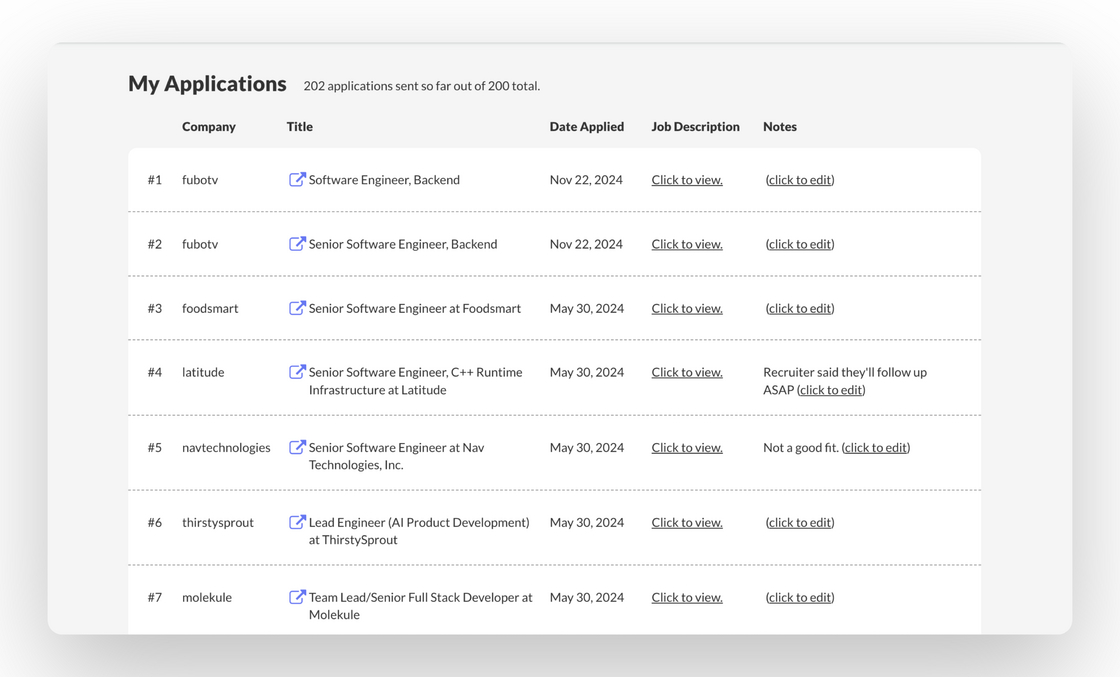 The new ApplyAll job application dashboard listing applications with status and notes