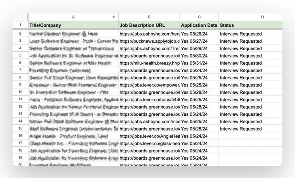 The old ApplyAll applications spreadsheet with job titles, companies, and posting links